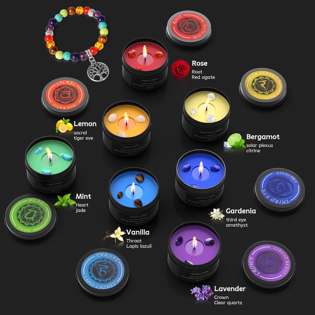 7 Chakra Crystal Candles with Healing Stones & Bracelets - Scented Meditation Candles for Stress Relief, Spiritual