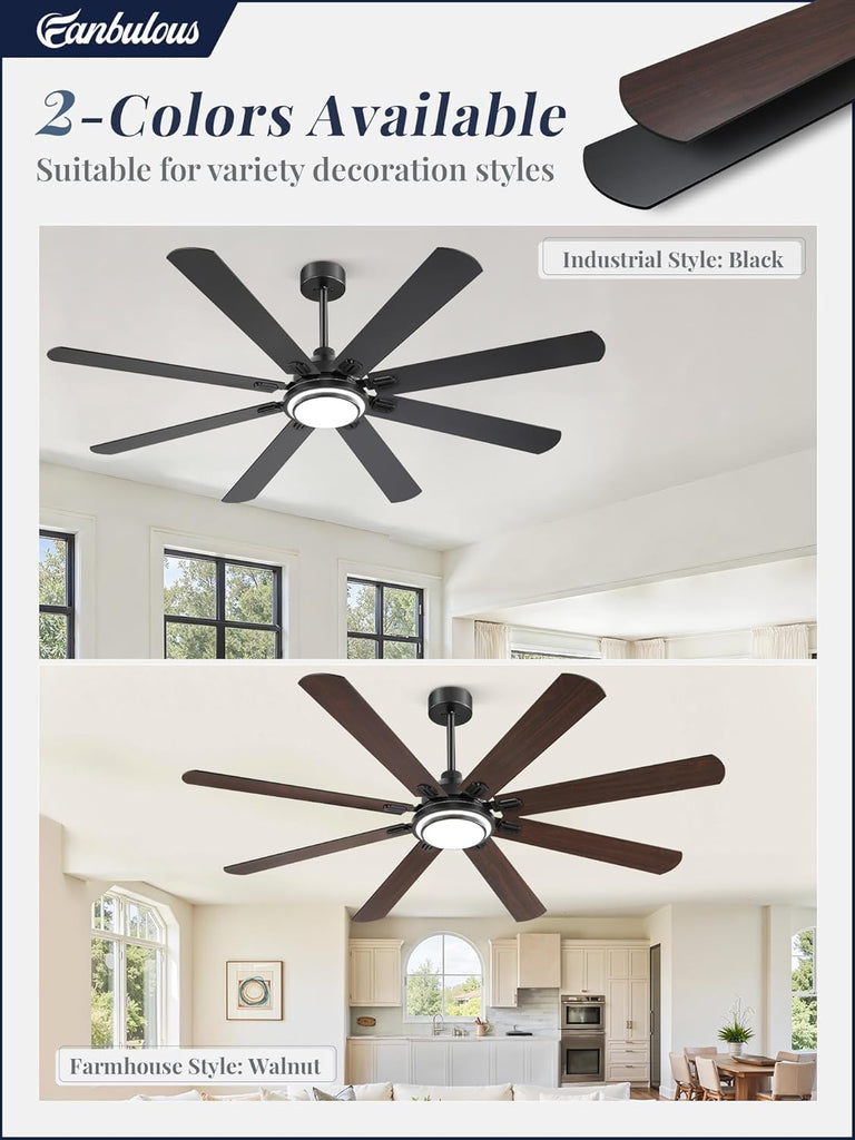 72 Inch Ceiling Fans with Lights and Remote, Black Ceiling Fan with 8 Dual-Color Blades