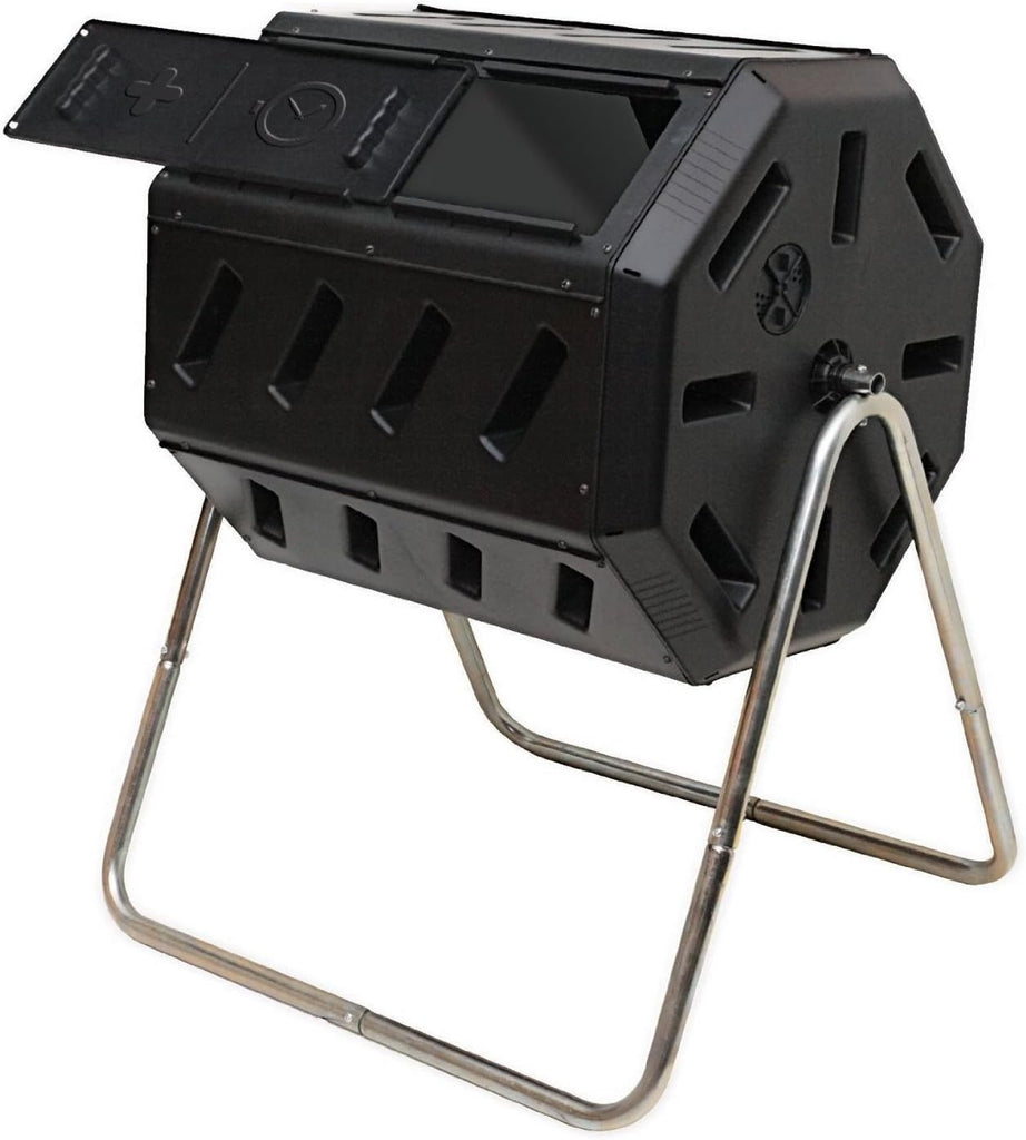 Heavy Duty 37 Gallon 8 Sided Steel Composter, Black | Portable Plastic Dual Chamber Tumbling Composter Outdoor