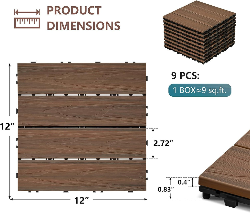 Interlocking Deck Tiles 9 PCS, 12" x 12" All-Weather Plastic-Wood Outdoor Patio Flooring Tiles for Indoor, Balcony