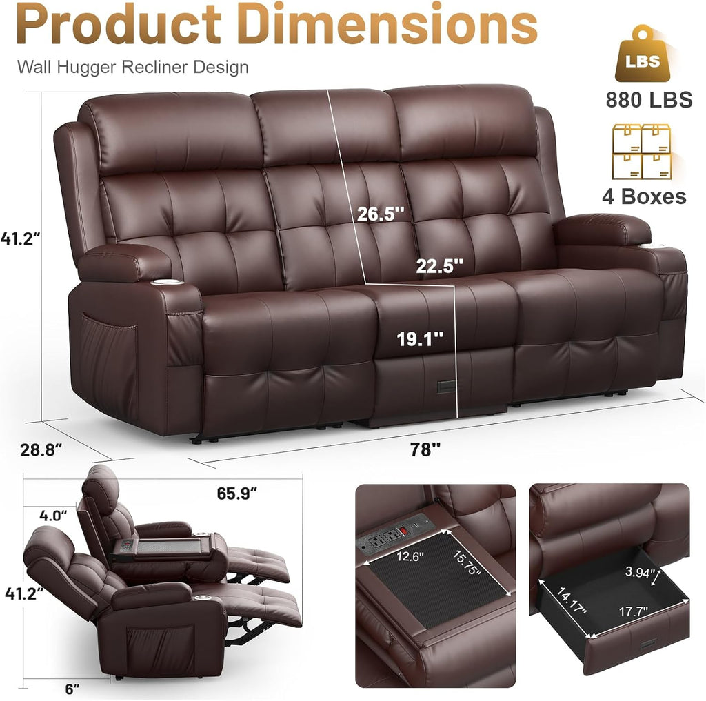 3-Seater Loveseat Recliner Sofa, Home Theater Seating Reclining Couch with Flip Middle Backrest