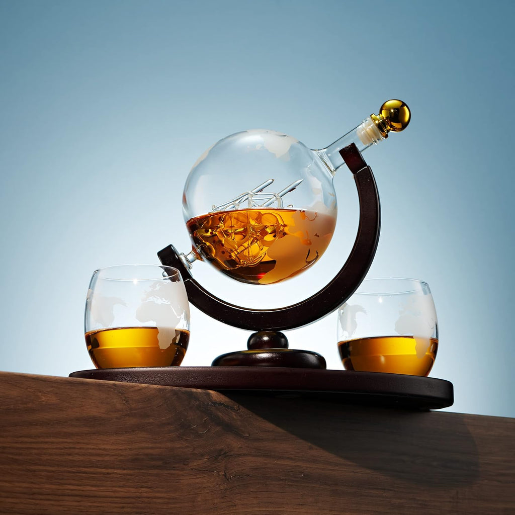 Gifts for Men, Whiskey Decanter Globe Set with 2 Etched Whiskey Glasses - for Liquor Scotch Bourbon Vodka, Gifts
