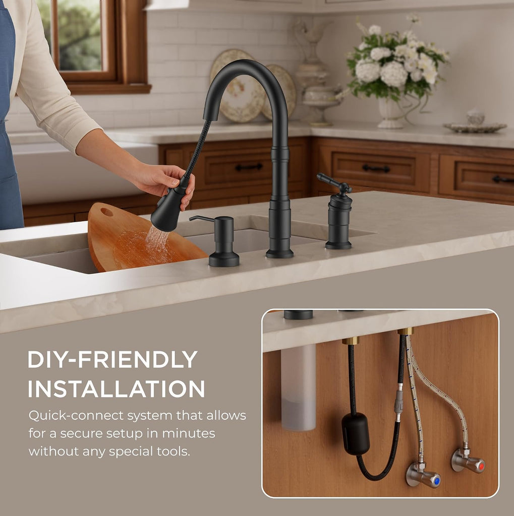 3 Hole Kitchen Faucet with Soap Dispenser, Matte Black | Stainless Steel Single Handle Rusitc Kitchen Sink Faucet