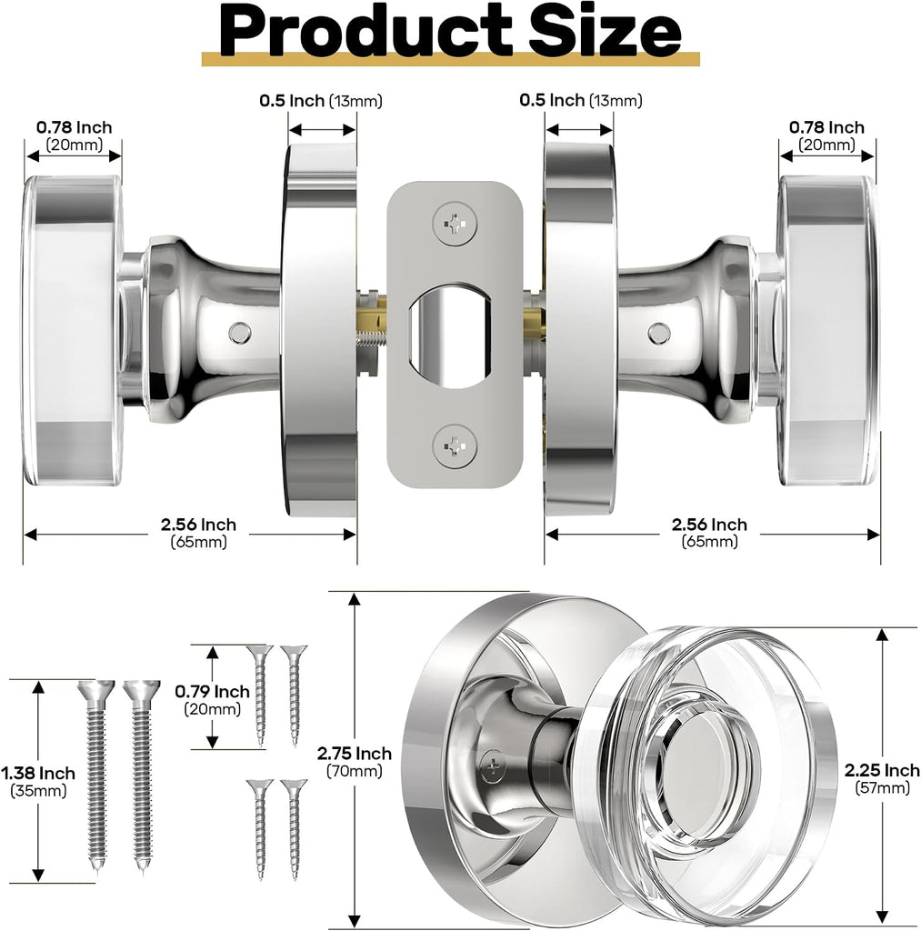 Polished Chrome Door Knobs Glass Door Knobs Interior Passage Door Knob Crystal Interior Door Knob for Closet and