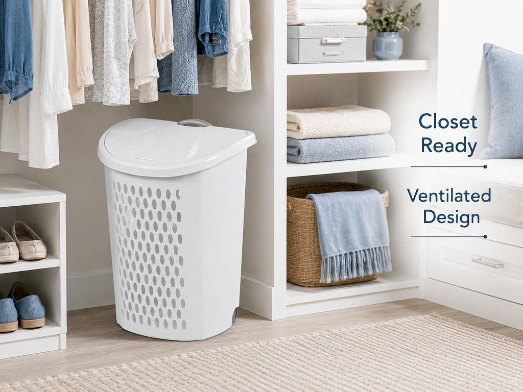 Rolling Laundry Hamper with Lid,White Wheeled Plastic Laundry Hamper