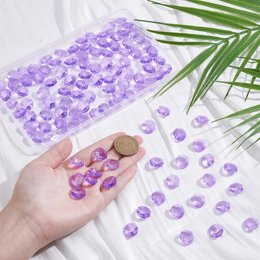 1 Box 120Pcs Glass Octagon Beads 2 Hole Crystal Prism Beads Purple 14mm Chandelier Replacement Connector Suncatcher