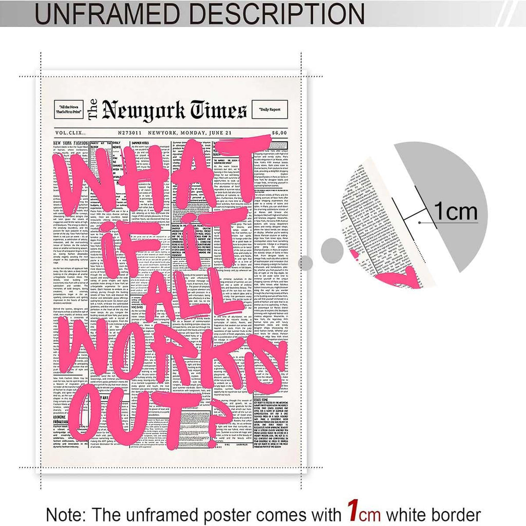 Retro Newspaper Pink Font Poster What If It All Works Out Canvas Wall Art Positive Affirming Quote Minimalist Prints