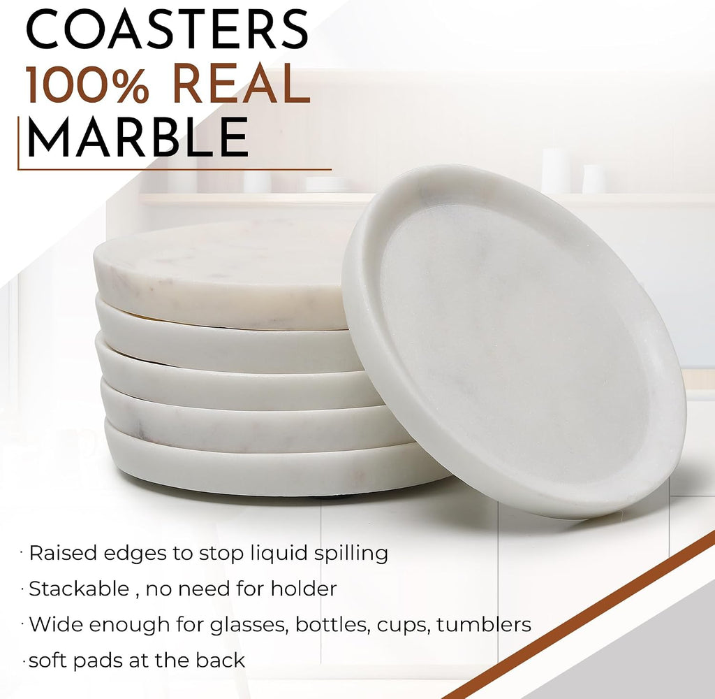 Marble Coasters with Raised Edges | 4 inch Dia | 100% Real Marble Drink Coasters | Modern Home Decor - Set of 6