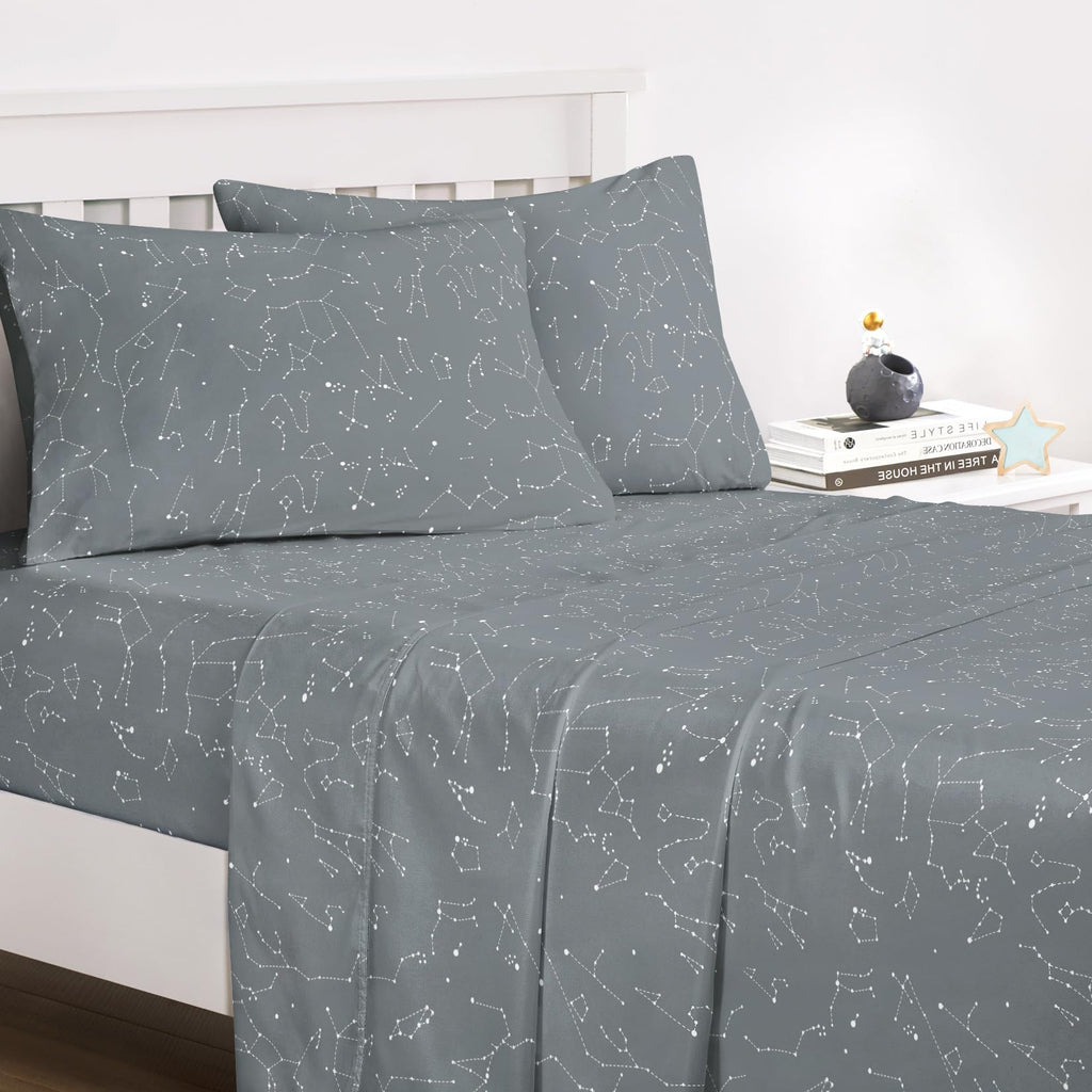 Constellation Bed Sheets, 4-Piece Sheet Set, Celestial Space Witchy Star Galaxy Astrology Bedding, Deep Pocket, Grey