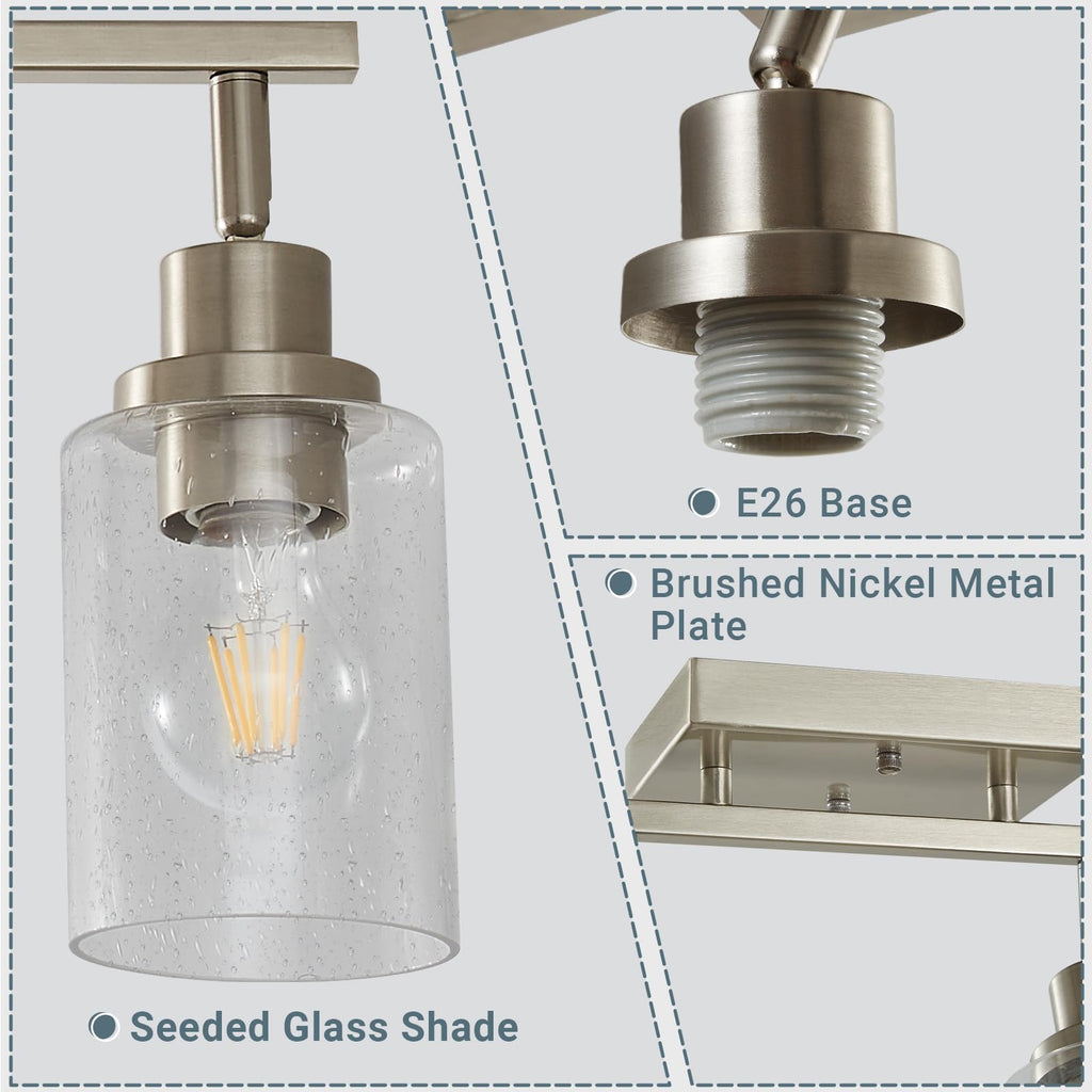 Brushed Nickel Track Lighting Kit, Flush Mount Ceiling Spotlights with Seeded Glass, Bathroom Vanity Lighting