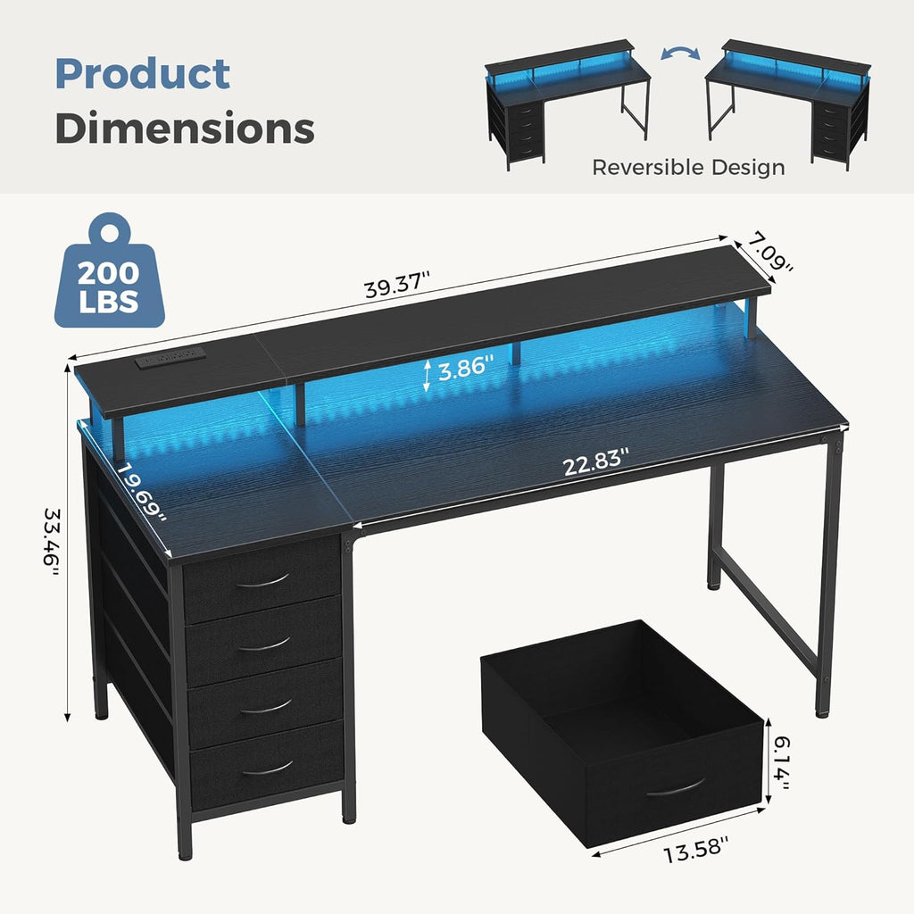 Computer Desk with 4 Drawers, 4 Drawer Gaming Desk with with Power Outlets and LED Lights, Office Desk for Small Spaces