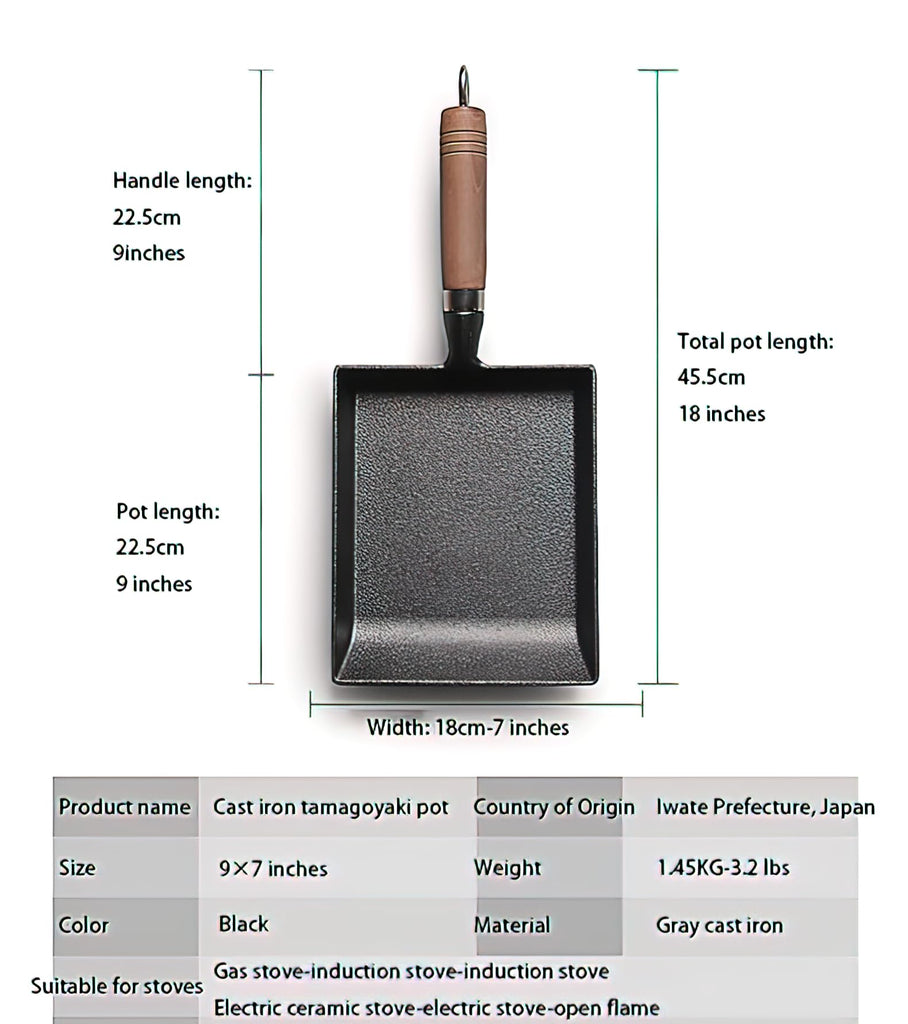 Japanese Cast Iron Tamagoyaki Pan - Pre-Seasoned, Liquid Nitrogen Treated, Non-Rust, Ready to Use, Detachable Wood