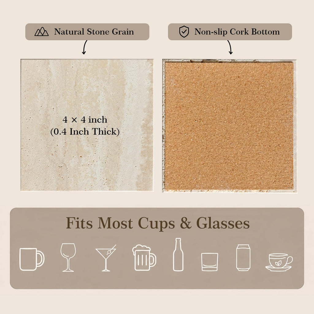 Natural Travertine Marble Coasters Set of 6-4"Square