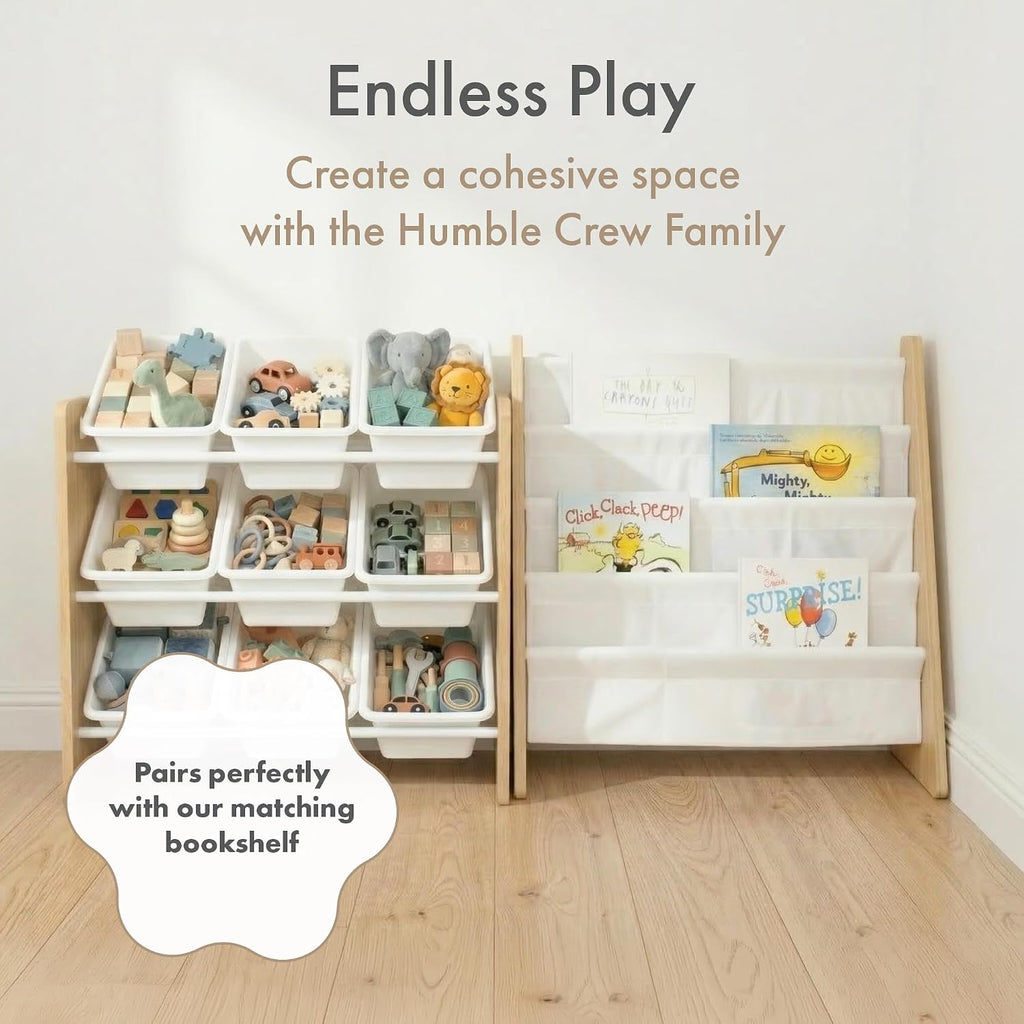 Kids Toy Organizer with 9 Bins, 3 Tier Storage | Sturdy wood and steel toddler shelf, removable BPA-free containers