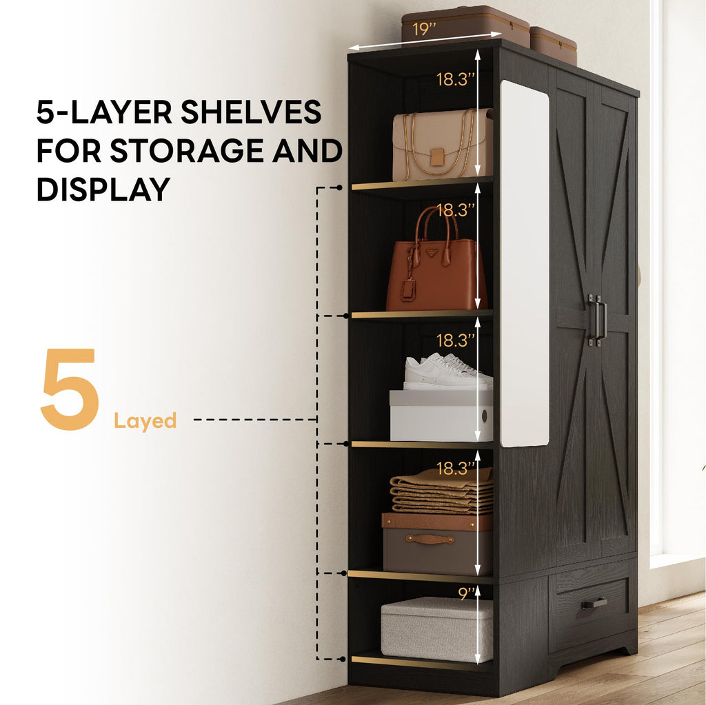 Armoire Wardrobe Closet 70 Inches, Large Storage with Mirror, 2 Doors, Drawer, and Shelves, Modern Bedroom