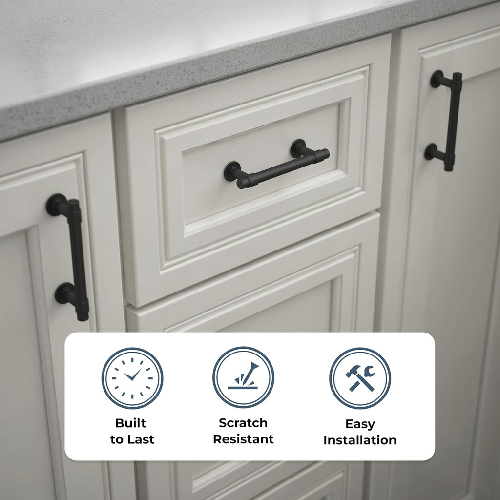 Francisco (10-Pack) Cabinet Handles 3" Hole Center Pulls | Matte Black Hardware Kitchen Door, Drawers, Dressers