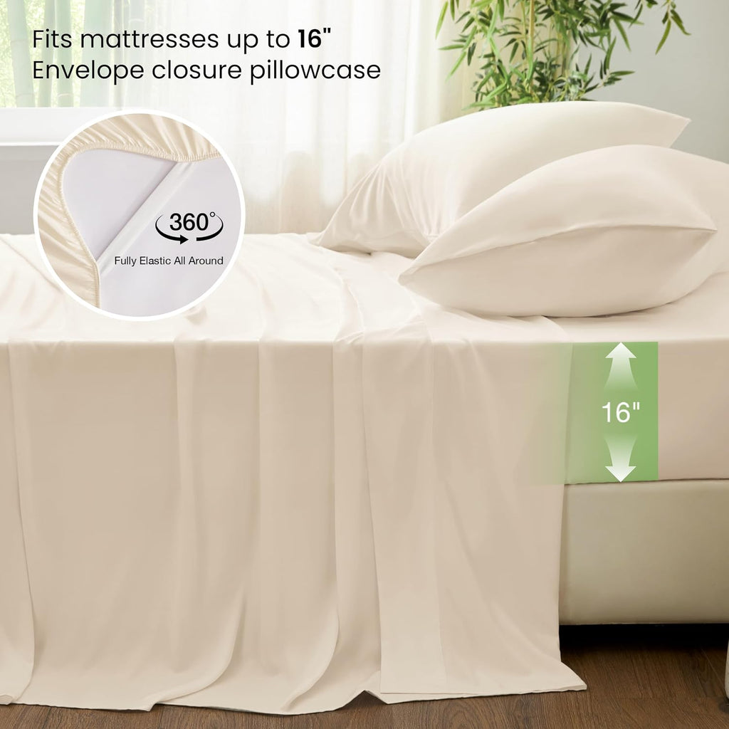 4 Piece Queen Sheet Set, 100% Rayon Derived from Bamboo, Cooling & Breathable, Soft Silky Deep Pocket up to 16"