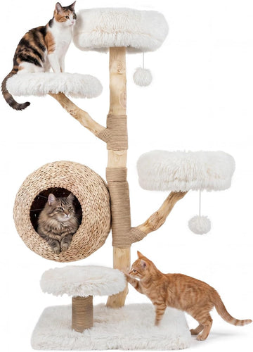 53-inch Wood Cat Tree, Multi-Level Modern Wooden Cat Tower, White