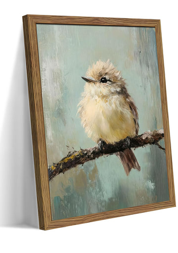 Vintage Framed Bird Wall Art, Rustic Sparrow on Branch Canvas Wall Decor Painting, Cute Bird Animal Artwork Poster