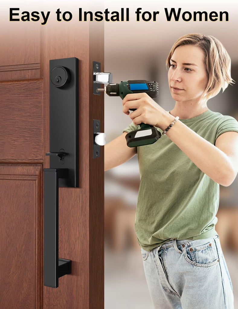 Full Escutcheon HandleSet Front Door Entry Handle and Deadbolt Lock Set Slim Square Single Cylinder Deadbolt and