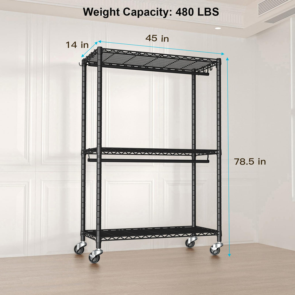 Rolling Clothes Rack, Clothing Racks for Hanging Clothes, Black