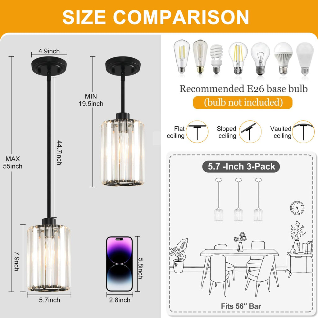 3 Pack Pendant Lights Kitchen Island, Modern Black Pendant Light Fixtures, Mini Chandelier Crystal Kitchen Island