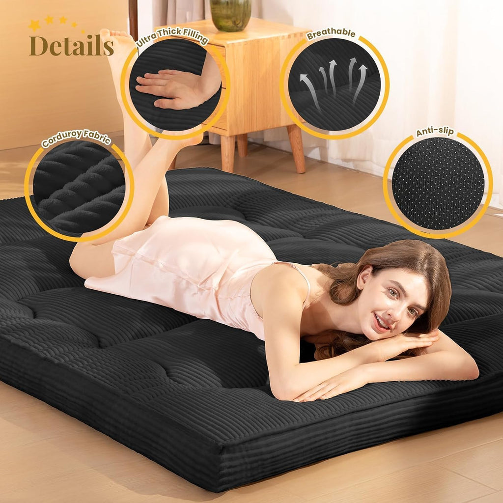 Futon Mattress Full Size, 4" Thicken Japanese Futon Mattress Sleeping Pad, Corduroy Foldable Floor Mattress, Roll Up