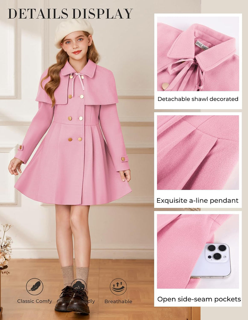 Girls Winter Wool Peacoat Coat Jacket Detachable Capelet