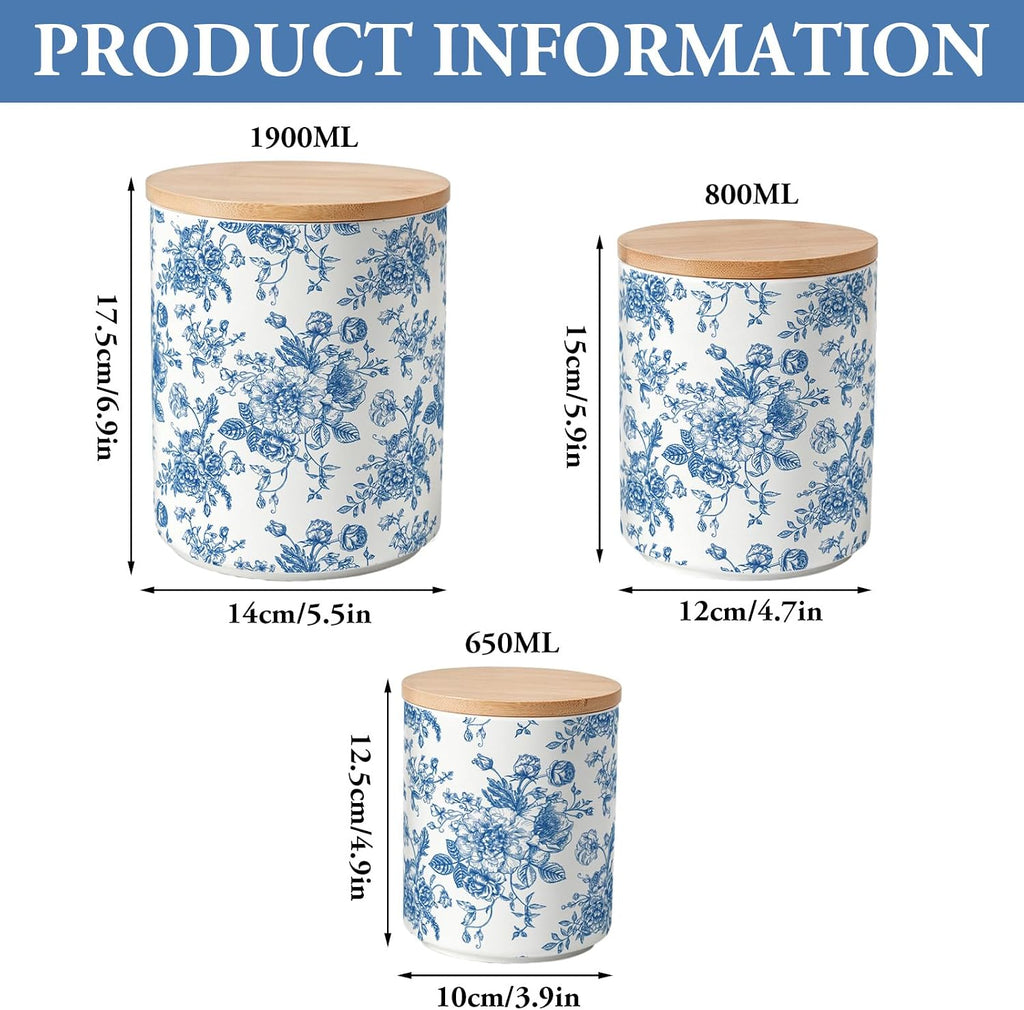 Chinoiserie Floral Ceramic Kitchen Canisters Sets Vintage Blue Flower Clear Storage Jar with Airtight Lids Kitchen - Set of 3