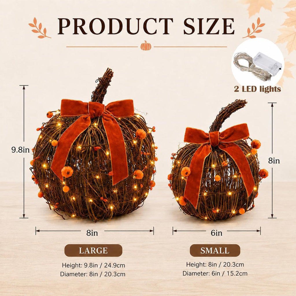 Lighted Fall Pumpkin Decor 2 Pack Rattan Wicker Pumpkins for Table - Set of 2