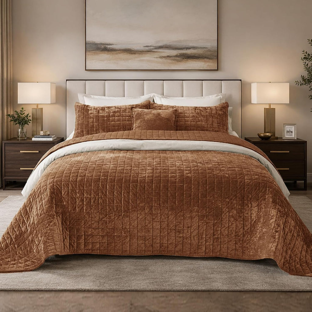 Quilt Set Oversized King 120x120 Luxurious Velvet Bedding Sets with 2 Pillow Shams 20x36 3 Pieces Ultra Soft Quilted
