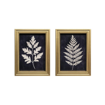 Gold Framed Wall Art Set of 2 - Vintage Botanical Fern Prints, Black Canvas Paintings Wall Decor, Rustic Plant