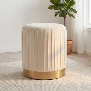 Round Velvet Ottoman, 16.5" H Footrest Stool with Gold Metal Base(White)