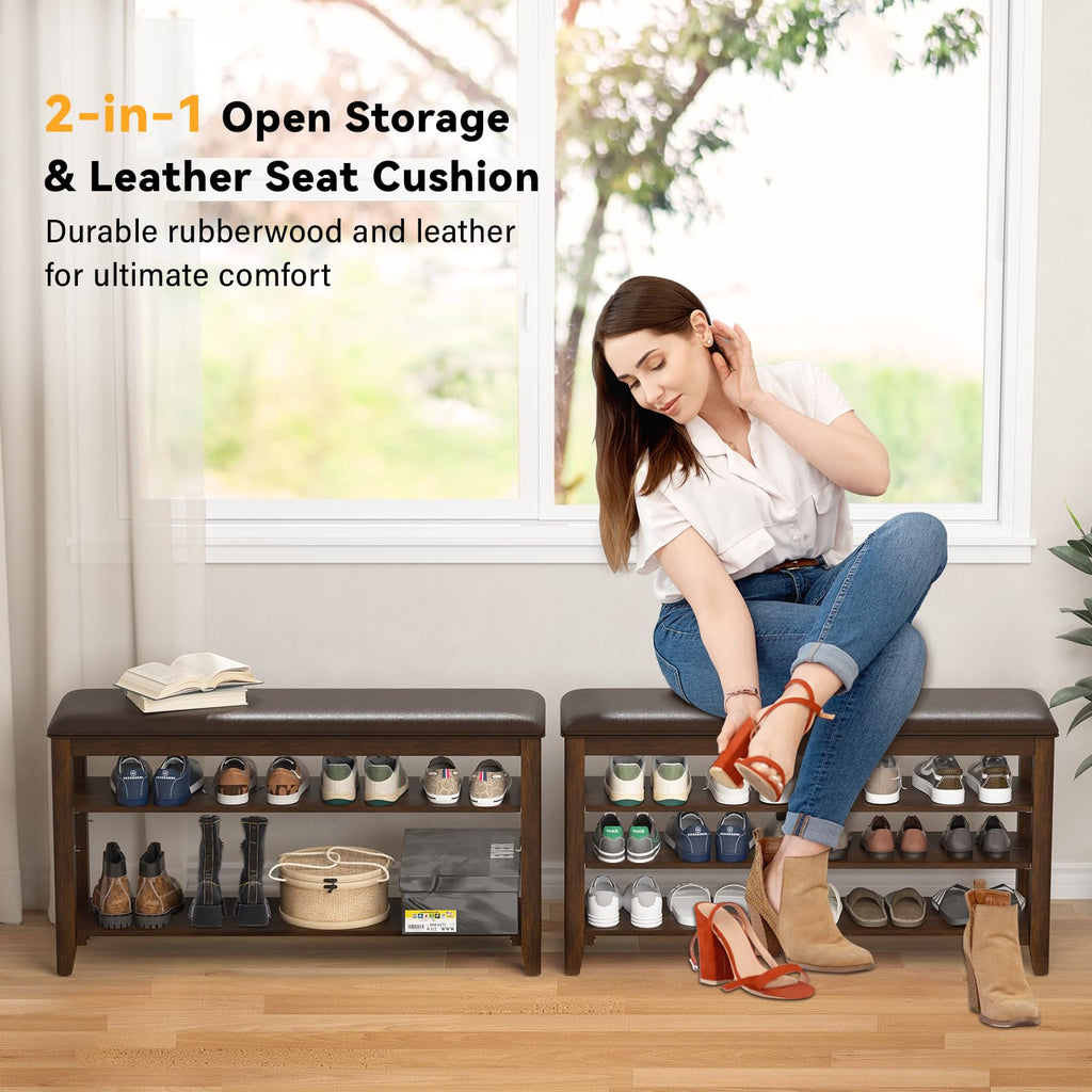 Shoe Rack Bench, 3 Tier Adjustable Shelves Wood 39.4''