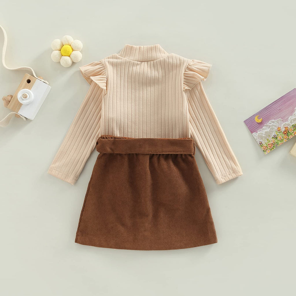Toddler Baby Girl Fall Winter Skirt Set Turtleneck Ribbed Long Sleeve T-Shirt Top & Plaid Skirts Dress 2Pcs Outfits