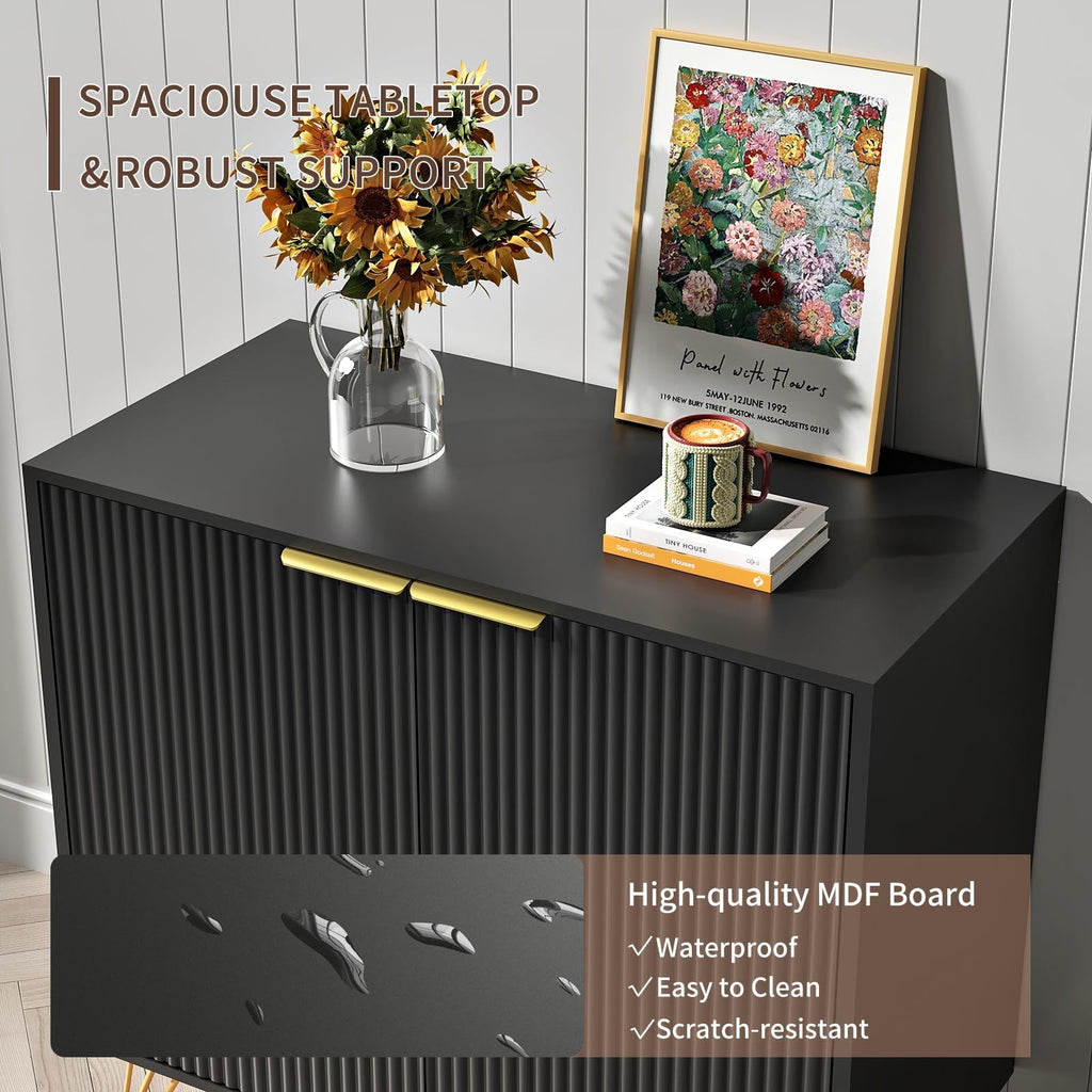 Fluted Storage Cabinet Sideboard Accent Cabinet with 2 Doors, Black, 1PC丨Buffet Cabinet with Metal Legs and