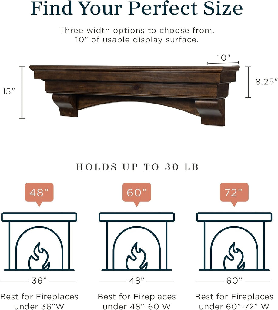 Wood Mantel Shelf with Arched Corbels - Rosewood 60 Inch | Wooden Rustic Wall Mounted Shelf from Pine Wood