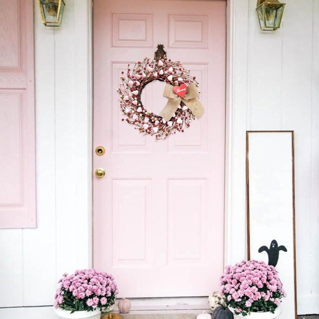 18" Artificial Valentine's Wreath, Pink and Red Heart Berry Wreath for Front Door Wall Party Wedding Decorations