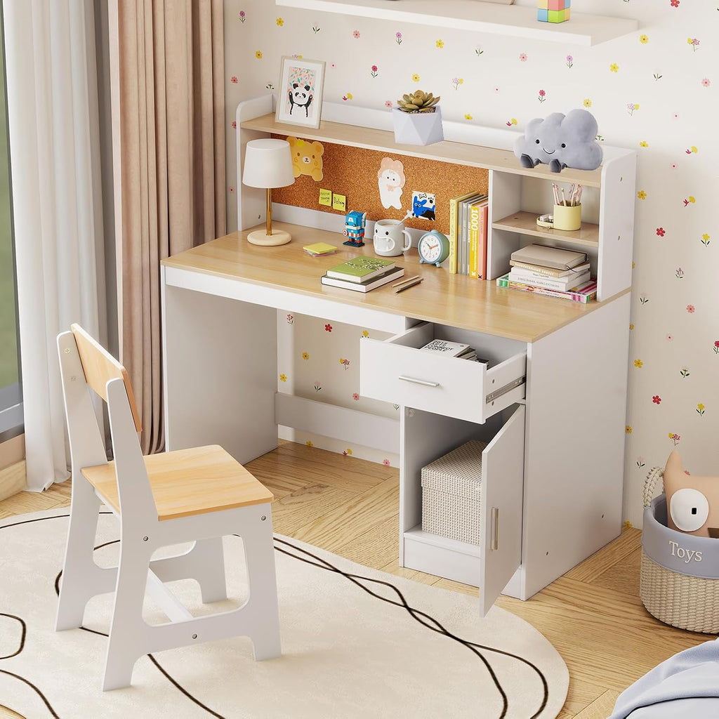 Kids Desk and Chair Set, Large Wooden Children School Study Table and Chair w/Drawer, Hutch, Storage Shelves, Student
