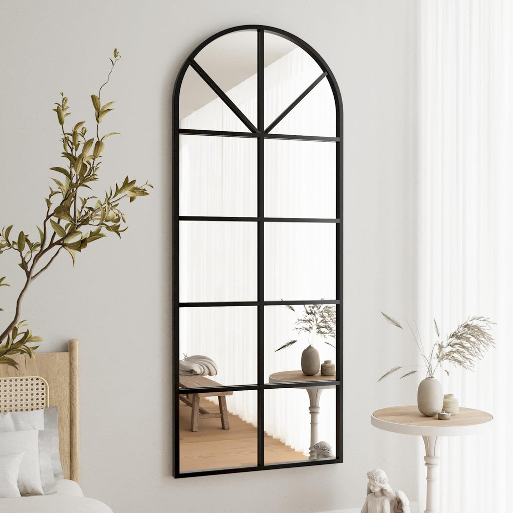 Floor Full Length Mirror, Arch Top Window Pane Mirror, 71"x32" Black