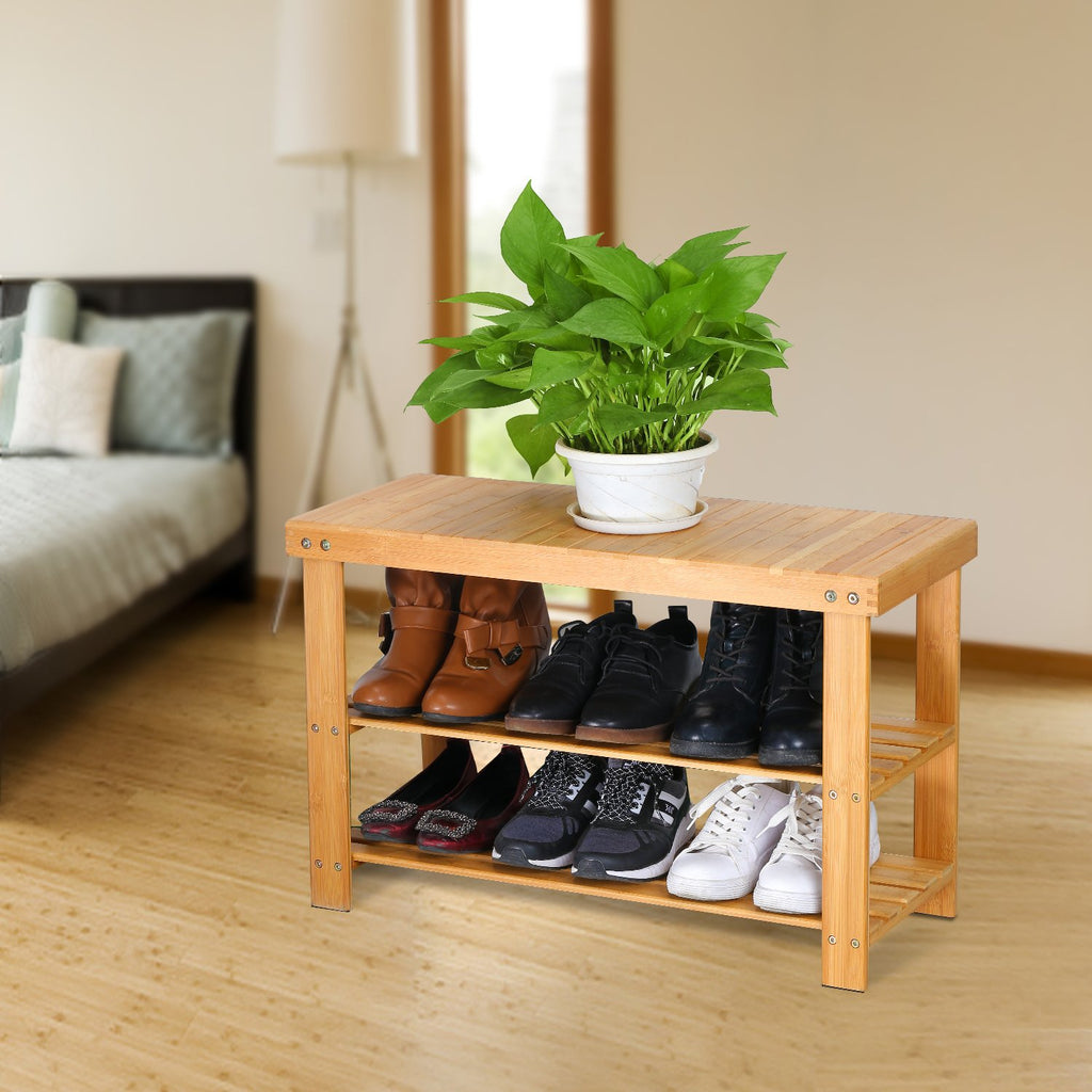 Shoe Bench with 100% Natural Bamboo, 2-Tier Seat Storage Racks Holder Shelf Organizer Entryway Hallway Furniture