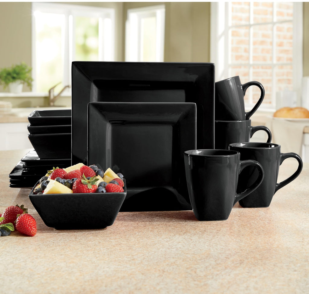 16-Piece Modern Square Dinnerware Stoneware - Black