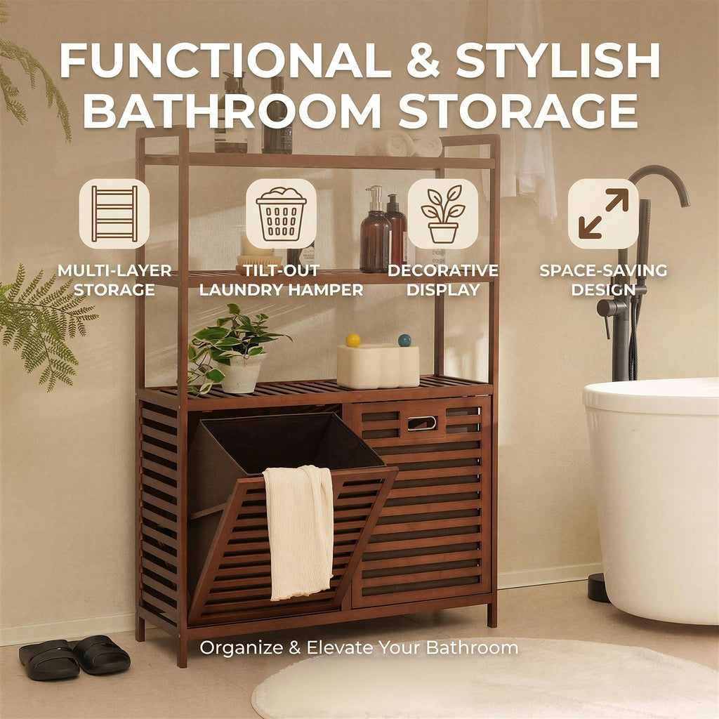 Tilt Out Laundry Hamper, Bamboo Double Laundry Hamper with Shelf