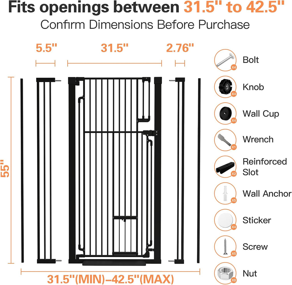 55" Extra Tall Cat Gate 31.5"-42.5" Wide Pet Gate Indoor Black