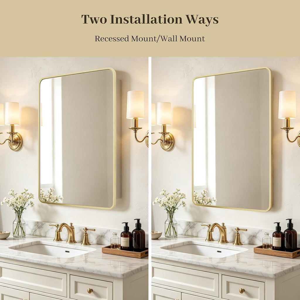 Bathroom Medicine Cabinet with Mirror, 24x36 Inch Gold Recessed Medicine Cabinet with Round Corner Aluminum Alloy