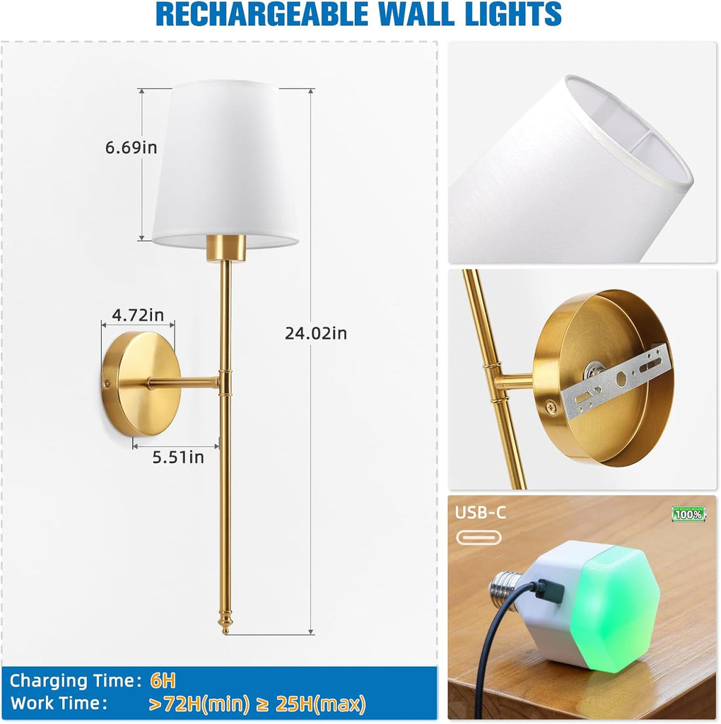 Battery Operated Wall Sconce Set of 2,Gold Rechargeable Wall Lights with 10400mAh Dimmable Bulbs and Remote,10 Colors