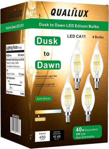 Dusk to Dawn Candelabra Bulbs Outdoor, CA11 Vintage, Candle Flame Tip Full Glass, Non-Plastic, Soft White 2700K