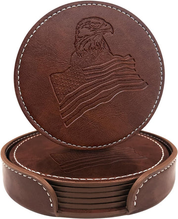 Coasters for Drinks Faux Leather Handmade Embossing Coasters with Holder Waterproof Round Cup Mat Pad Bar - Set of 6