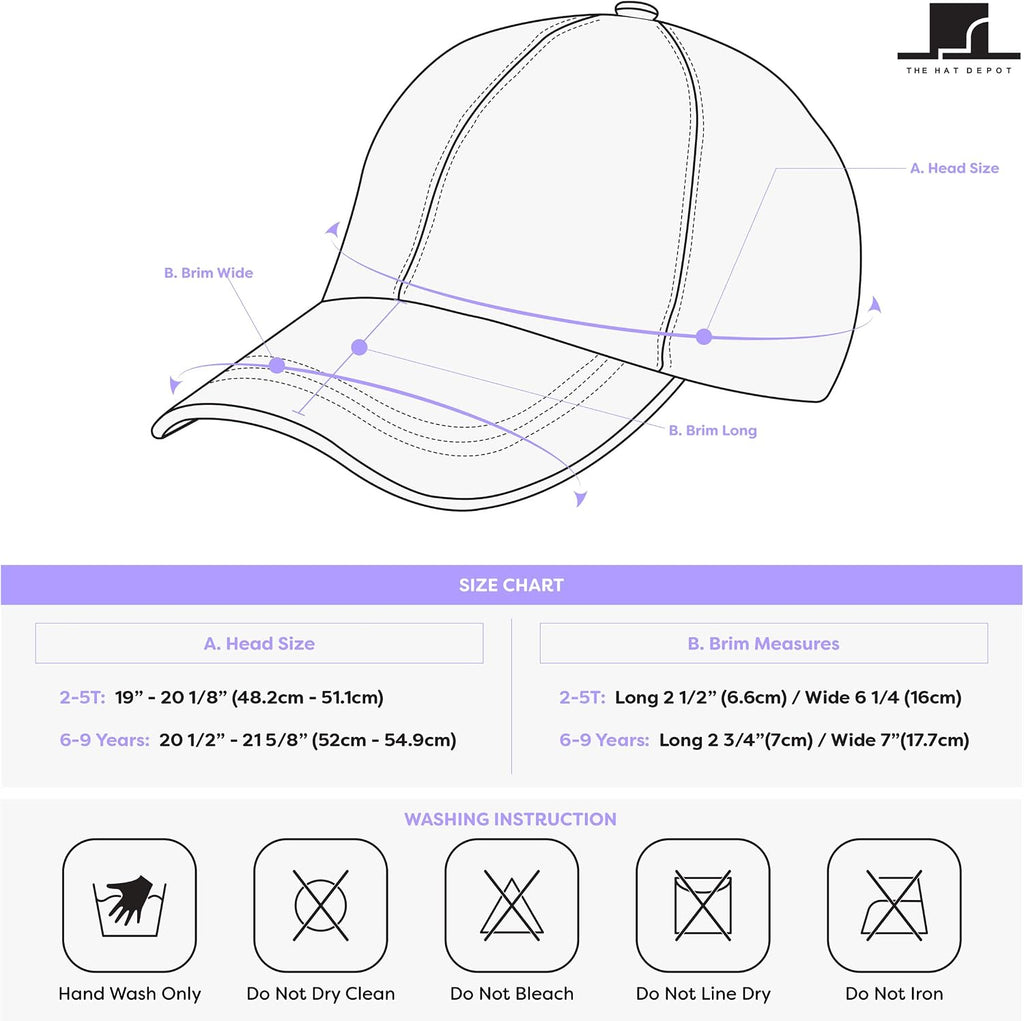 Kids Washed Low Profile Cotton and Denim UPF 50+ Plain Baseball Cap Hat