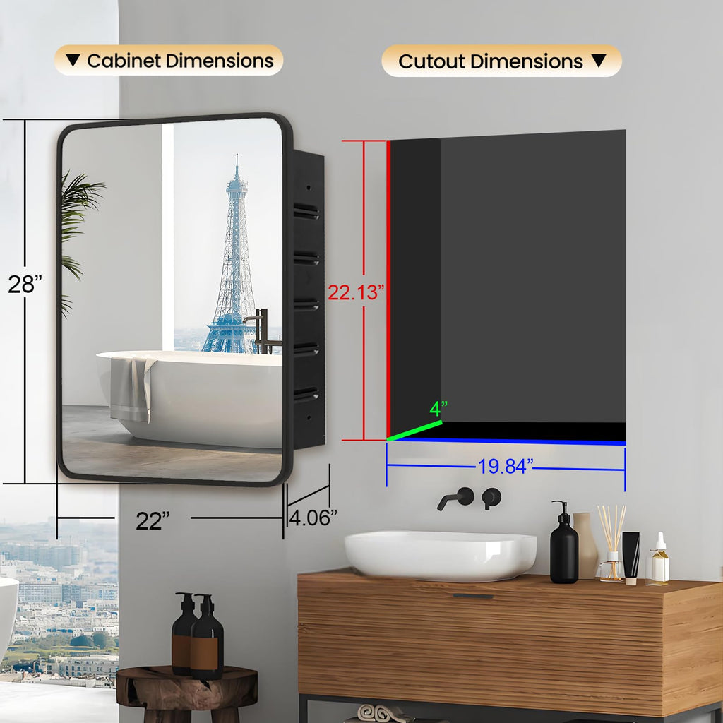 Medicine Cabinet with Mirror 22x28, Black Mirror with Storage